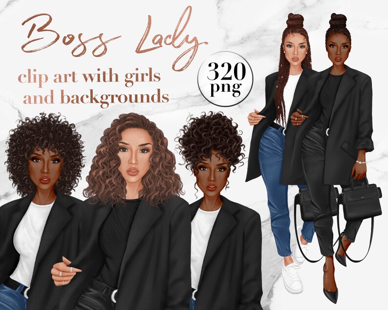 Puede incluir: Conjunto de im&aacute;genes digitales de clip art de cuatro mujeres con diferentes peinados que llevan chaquetas negras y camisas blancas. El texto "Boss Lady" y "clip art with girls and backgrounds" est&aacute; en la parte superior de la imagen. El texto "320 png" est&aacute; en un c&iacute;rculo en la parte superior derecha de la imagen.