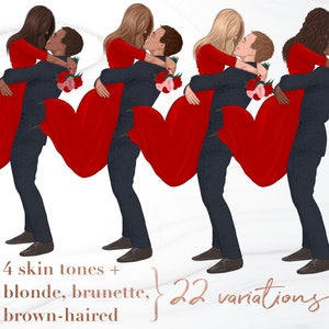 May include: Illustration of four couples in various skin tones, each with a woman in a red dress being carried by a man in a dark suit. The women have different hair colors: blonde, brunette, and brown. Each couple holds a bouquet of red roses.