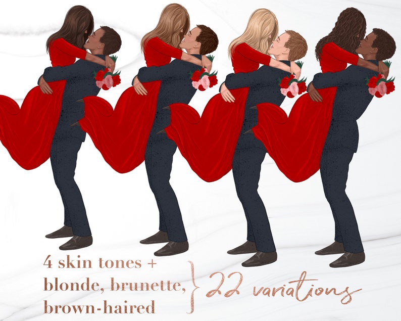 May include: Illustration of four couples in various skin tones, each with a woman in a red dress being carried by a man in a dark suit. The women have different hair colors: blonde, brunette, and brown. Each couple holds a bouquet of red roses.