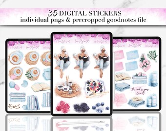 Autocollants aquarelles numériques pour planificateur de tablette. Joli livre d’autocollants pour journal. Téléchargement instantané png. Outils pré-recadrés. Ensemble d'autocollants Goodnotes