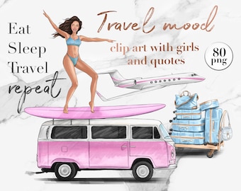 Funny summer girl clip art, travel clipart, fashion suitcase png, inspirational quotes, vacation digital planner stickers, sublimation png