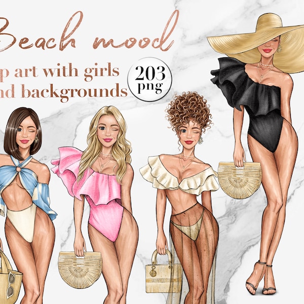 Summer fashion girl clipart,  beach mood fashion illustration, travel time sublimation design, watercolor backgrounds, cute swimwears png