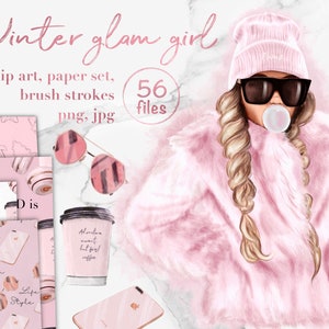 Winter fashion girl clipart. Modern digital stickers. Pink brush strokes png.  Digital download paper set. Coffee & music seamless patterns