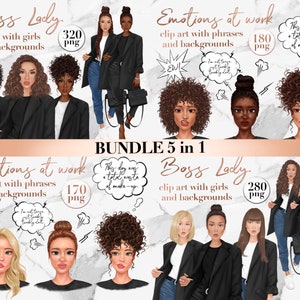 Puede incluir: Un paquete digital de cinco ilustraciones que representan a mujeres con blazers negros y jeans. Las im&aacute;genes est&aacute;n en diferentes poses y expresiones, algunas incluyen burbujas de di&aacute;logo con frases como "Este d&iacute;a fue una p&eacute;rdida total de maquillaje" y "No estoy segura de estar emocionalmente preparada para esta semana".