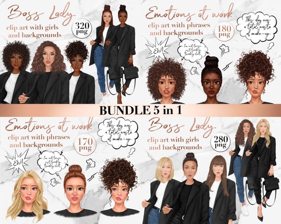 Set of 5 modern cliparts, blonde, hispanic & afro girl fashion illustrations, girl boss clip art, digital stickers, african american png