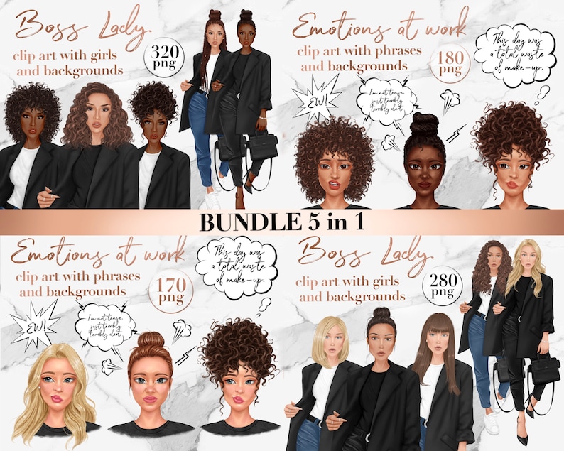Puede incluir: Un paquete digital de cinco ilustraciones que representan a mujeres con blazers negros y jeans. Las im&aacute;genes est&aacute;n en diferentes poses y expresiones, algunas incluyen burbujas de di&aacute;logo con frases como "Este d&iacute;a fue una p&eacute;rdida total de maquillaje" y "No estoy segura de estar emocionalmente preparada para esta semana".