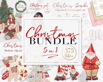 Imágenes prediseñadas de PAQUETE de Navidad, niña de Navidad de acuarela, dama glamorosa en cuarentena png, muñeco de nieve, gnomo, imágenes prediseñadas de santa, ilustración de vacaciones de invierno