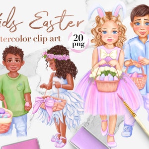 Ostern Aquarell Clipart, Kinder benutzerdefinierte Sublimation Designs, süße Afro Mädchen & Junge png, Kinder mit Körben von Eiern, beste Freunde Clip Art