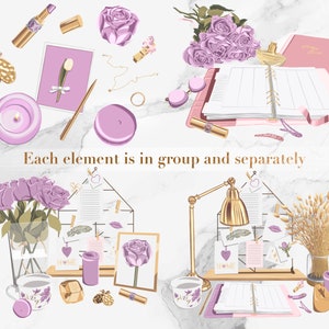 Peut inclure: Une collection d'articles de papeterie et de d&eacute;coration int&eacute;rieure de couleur violette et dor&eacute;e, comprenant des bougies, un vase de roses violettes, un agenda, une lampe et un cadre photo. Les articles sont dispos&eacute;s sur une surface en marbre blanc. Chaque &eacute;l&eacute;ment est en groupe et s&eacute;par&eacute;ment.