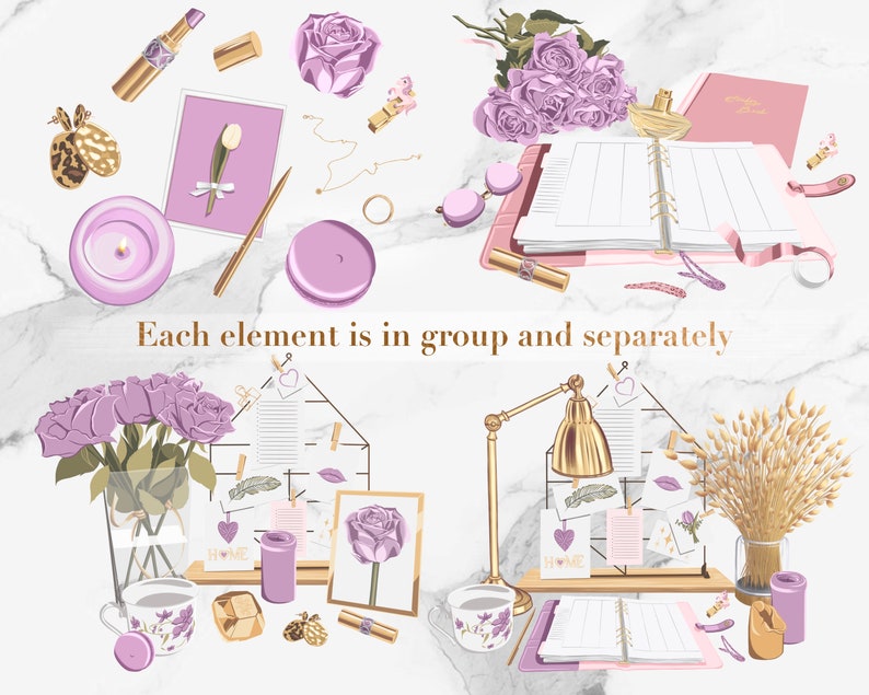 Peut inclure: Une collection d'articles de papeterie et de d&eacute;coration int&eacute;rieure de couleur violette et dor&eacute;e, comprenant des bougies, un vase de roses violettes, un agenda, une lampe et un cadre photo. Les articles sont dispos&eacute;s sur une surface en marbre blanc. Chaque &eacute;l&eacute;ment est en groupe et s&eacute;par&eacute;ment.