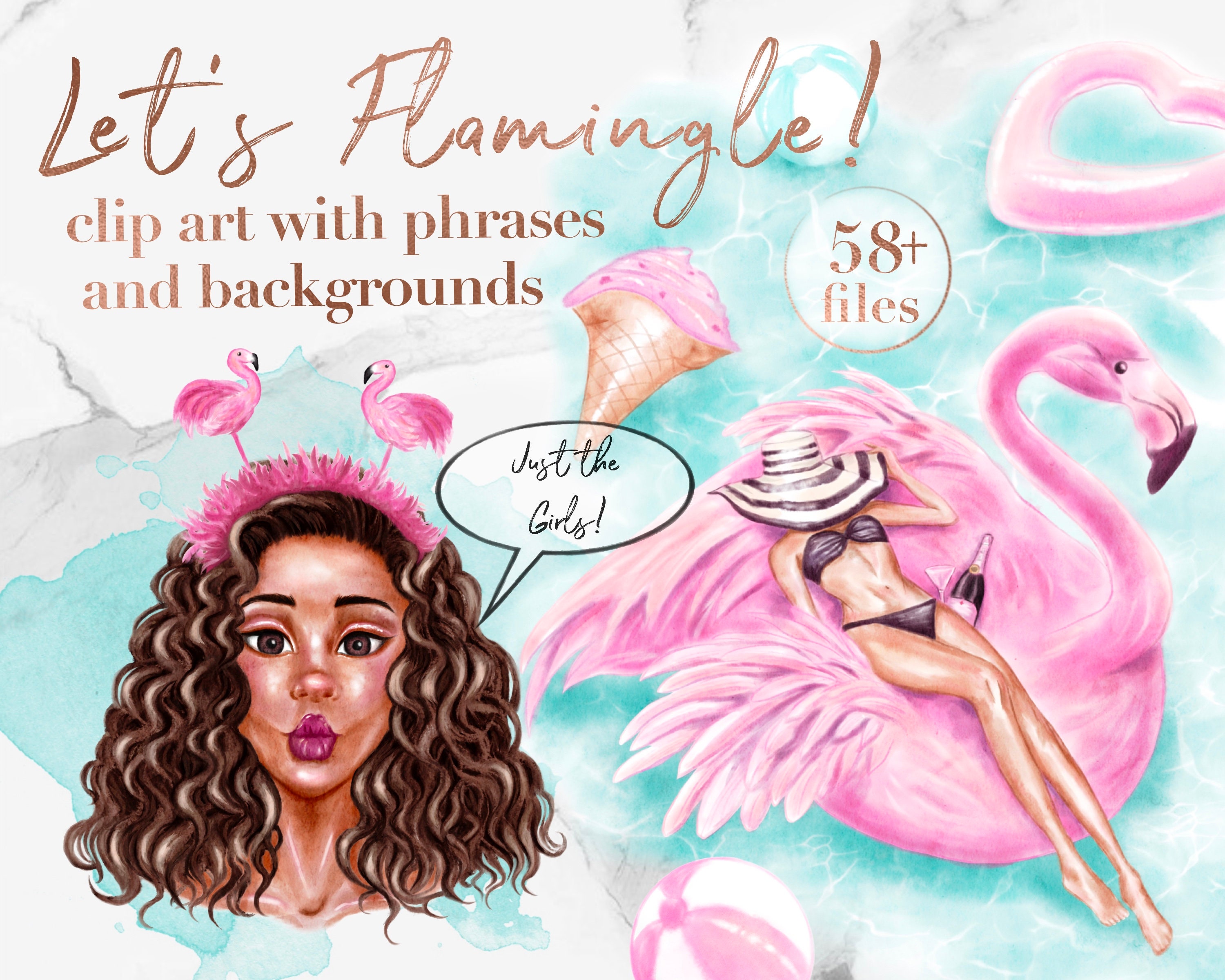 Flamingo Watercolor Clipart, Modern Summer Clipart, Pool Party Clip Art ...