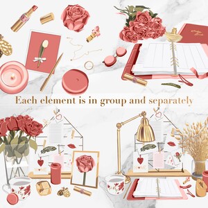 Peut inclure: Une collection d'articles de papeterie et de d&eacute;coration int&eacute;rieure rose et or, comprenant un bouquet de roses, une bougie, un carnet, un stylo, une lampe et un vase de bl&eacute;. Les articles sont dispos&eacute;s sur un fond de marbre blanc.