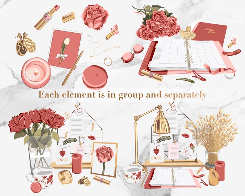 Peut inclure: Une collection d'articles de papeterie et de d&eacute;coration int&eacute;rieure rose et or, comprenant un bouquet de roses, une bougie, un carnet, un stylo, une lampe et un vase de bl&eacute;. Les articles sont dispos&eacute;s sur un fond de marbre blanc.
