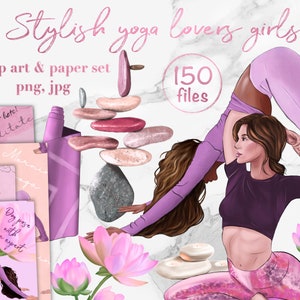 May include: A digital illustration set of 150 yoga-themed clip art and paper elements. The set includes two women in yoga poses, a yoga mat, candles, stones, and lotus flowers. The text "Don't hate! Meditate" and "Morning yoga" are included in the set.