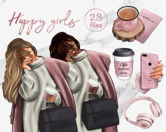 Pink coffee clip art - Fashion glam girl clipart - African american clipart - Spring digital printable planner stickers - Sublimation png
