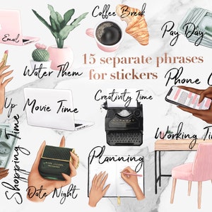 Puede incluir: Un conjunto de 15 pegatinas imprimibles con diferentes frases e ilustraciones. Las pegatinas incluyen frases como "Descanso para el caf&eacute;", "D&iacute;a de pago", "Llamada telef&oacute;nica", "Tiempo de creatividad", "Tiempo de trabajo", "Planificaci&oacute;n", "Noche de cita", "Tiempo de compras", "Riega las plantas", "Maquillarse", "Hora de la pel&iacute;cula", y "Escribir un correo electr&oacute;nico". Las ilustraciones incluyen una taza de caf&eacute;, un croissant, una pila de dinero, un tel&eacute;fono, una m&aacute;quina de escribir, un escritorio con una silla, un cuaderno con un bol&iacute;grafo, un frasco de perfume, un cactus, una computadora port&aacute;til y una mano sosteniendo un l&aacute;piz labial.