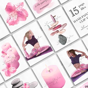 May include: A set of 15 hand-painted digital clip art images in pink and purple tones. The images include a yoga pose, candles, flowers, and stacked stones. The text "Love Style Art" is included in the image.