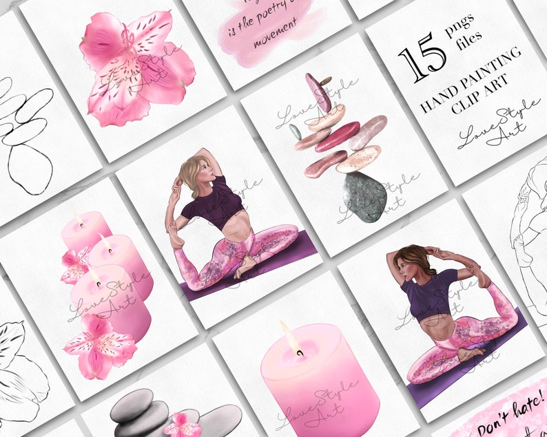 May include: A set of 15 hand-painted digital clip art images in pink and purple tones. The images include a yoga pose, candles, flowers, and stacked stones. The text "Love Style Art" is included in the image.