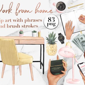 Puede incluir: Clipart de trabajo desde casa con frases y pinceladas. 83 im&aacute;genes png de un escritorio con una silla, una pi&ntilde;a, una l&aacute;mpara, un cuaderno, una taza de caf&eacute;, un cactus en maceta, una planta en maceta, un reloj, dinero, un tel&eacute;fono, un frasco de perfume y una mano escribiendo en un cuaderno.