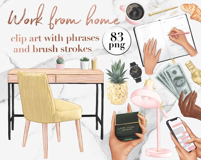 Puede incluir: Clipart de trabajo desde casa con frases y pinceladas. 83 im&aacute;genes png de un escritorio con una silla, una pi&ntilde;a, una l&aacute;mpara, un cuaderno, una taza de caf&eacute;, un cactus en maceta, una planta en maceta, un reloj, dinero, un tel&eacute;fono, un frasco de perfume y una mano escribiendo en un cuaderno.
