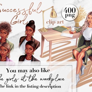 Peut inclure: Ensemble d'illustrations num&eacute;riques de quatre femmes en tenue de travail. Les femmes portent des vestes vertes, violettes et brunes. L'illustration comprend le texte "Successful Girl" et "400 png clip art".