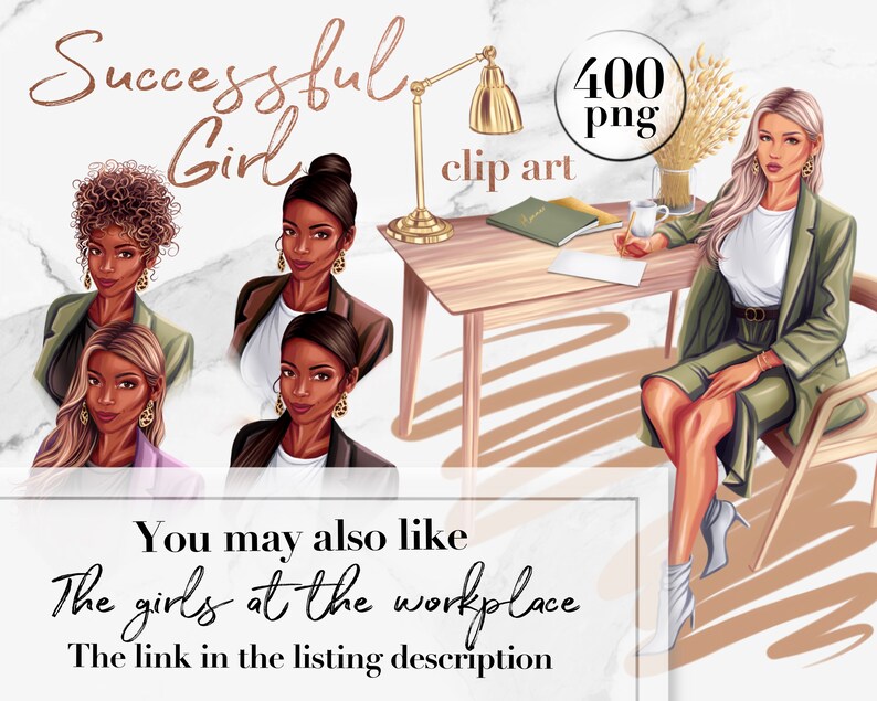 Peut inclure: Ensemble d'illustrations num&eacute;riques de quatre femmes en tenue de travail. Les femmes portent des vestes vertes, violettes et brunes. L'illustration comprend le texte "Successful Girl" et "400 png clip art".