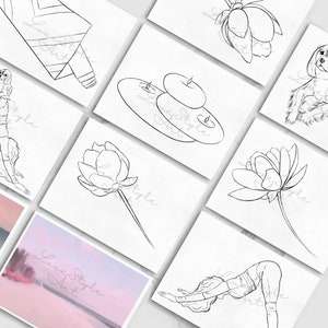 May include: A set of ten printable line art illustrations featuring various subjects, including a yoga pose, a flower, a dog, and candles. The illustrations are in black and white and are perfect for coloring or adding your own creative touch.