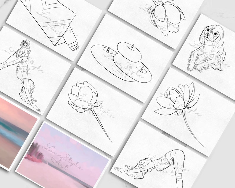 May include: A set of ten printable line art illustrations featuring various subjects, including a yoga pose, a flower, a dog, and candles. The illustrations are in black and white and are perfect for coloring or adding your own creative touch.