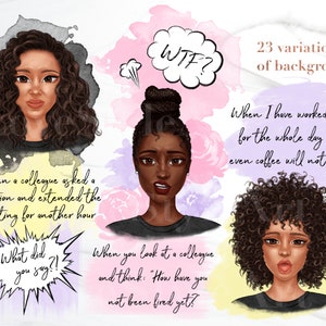 Puede incluir: Tres ilustraciones digitales de mujeres negras con diferentes expresiones faciales y peinados. Cada ilustraci&oacute;n se coloca sobre un fondo de acuarela con burbujas de texto que contienen frases como "WTF?" y "Cuando un colega hizo una pregunta y extendi&oacute; la reuni&oacute;n por otra hora".