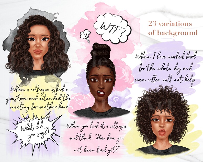 Puede incluir: Tres ilustraciones digitales de mujeres negras con diferentes expresiones faciales y peinados. Cada ilustraci&oacute;n se coloca sobre un fondo de acuarela con burbujas de texto que contienen frases como "WTF?" y "Cuando un colega hizo una pregunta y extendi&oacute; la reuni&oacute;n por otra hora".