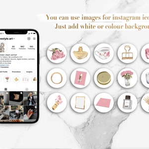 Peut inclure: Une collection de 16 ic&ocirc;nes d'histoires Instagram illustrant des fleurs, des flacons de parfum, une tasse &agrave; th&eacute;, une bague en or, un trombone en or, un vase de fleurs, une tasse &agrave; caf&eacute;, un cadre photo dor&eacute;, un bloc-notes rose, une licorne dor&eacute;e et un &eacute;pi de bl&eacute; dor&eacute;.