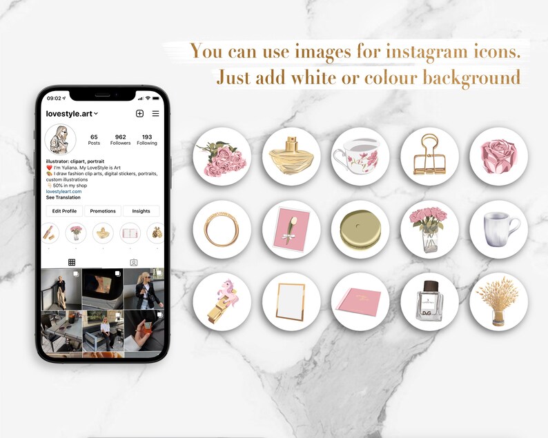 Peut inclure: Une collection de 16 ic&ocirc;nes d'histoires Instagram illustrant des fleurs, des flacons de parfum, une tasse &agrave; th&eacute;, une bague en or, un trombone en or, un vase de fleurs, une tasse &agrave; caf&eacute;, un cadre photo dor&eacute;, un bloc-notes rose, une licorne dor&eacute;e et un &eacute;pi de bl&eacute; dor&eacute;.