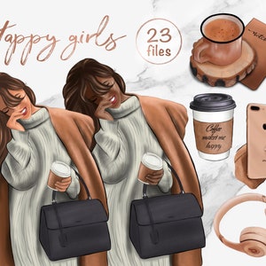 Mode meisje clipart - Fashion illustraties digitale download - Baas dame met bruine koffie en tas - glam moderne clip art herfst winter png