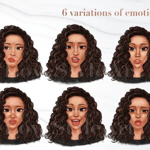 Puede incluir: Seis variaciones de emoci&oacute;n se representan en esta ilustraci&oacute;n digital. Una mujer con cabello rizado marr&oacute;n se muestra con diferentes expresiones faciales, incluyendo neutral, sorprendida, feliz, triste, enojada y confundida.