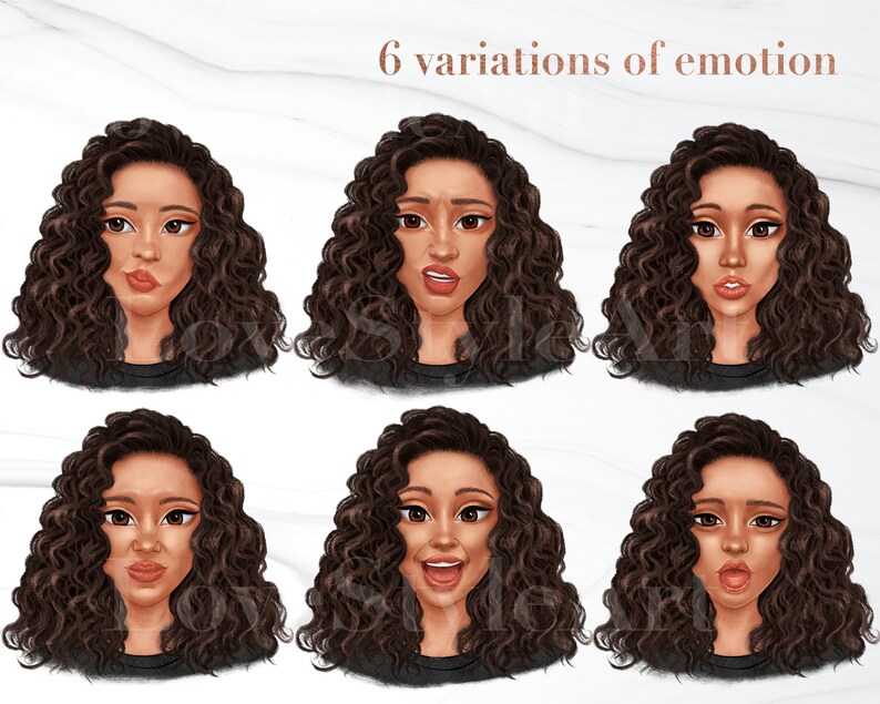 Puede incluir: Seis variaciones de emoci&oacute;n se representan en esta ilustraci&oacute;n digital. Una mujer con cabello rizado marr&oacute;n se muestra con diferentes expresiones faciales, incluyendo neutral, sorprendida, feliz, triste, enojada y confundida.