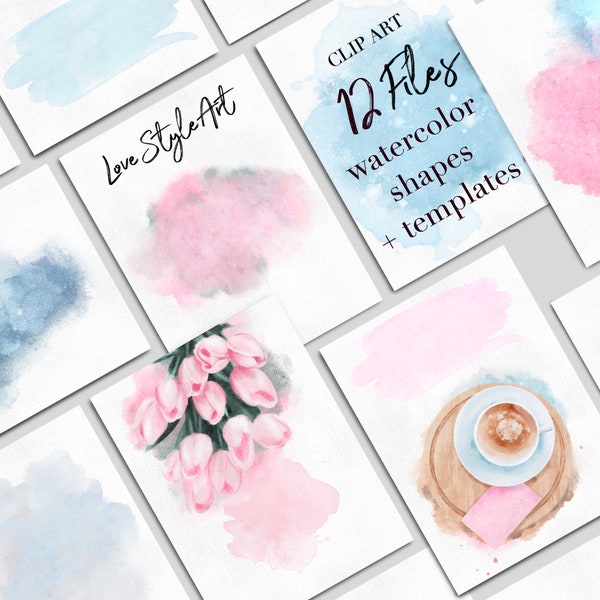 Watercolor shapes and stokes clipart. DIY greeting cards templates. Pink, blue splashes. Fashion printable card.  Flowers and coffee art png