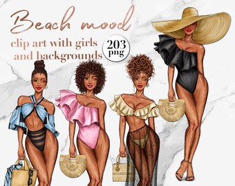 Summer fashion girl clipart , travel watercolor clip art, modern african woman, trendy beach vacation, glam afro lady, digital stickers png
