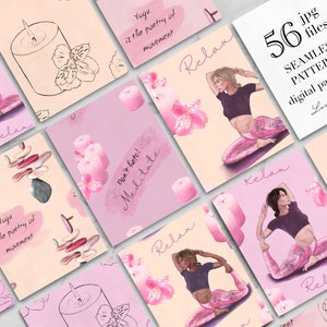 May include: 56 digital paper patterns featuring yoga poses, candles, flowers, and text that says "Don't hate! Meditate" and "Yoga is the poetry of movement". The patterns are in a pink and white color scheme.