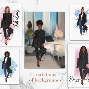 Puede incluir: Cuatro ilustraciones digitales de una mujer con un blazer negro, jeans azules y tacones negros. Cada ilustraci&oacute;n tiene un fondo diferente, incluyendo un fondo de acuarela rosa, un fondo de acuarela azul, un fondo floral y un fondo de interior de habitaci&oacute;n. El texto "Focused Fabulous" est&aacute; en la ilustraci&oacute;n superior izquierda, y el texto "Boss Lady" est&aacute; en la ilustraci&oacute;n inferior derecha.