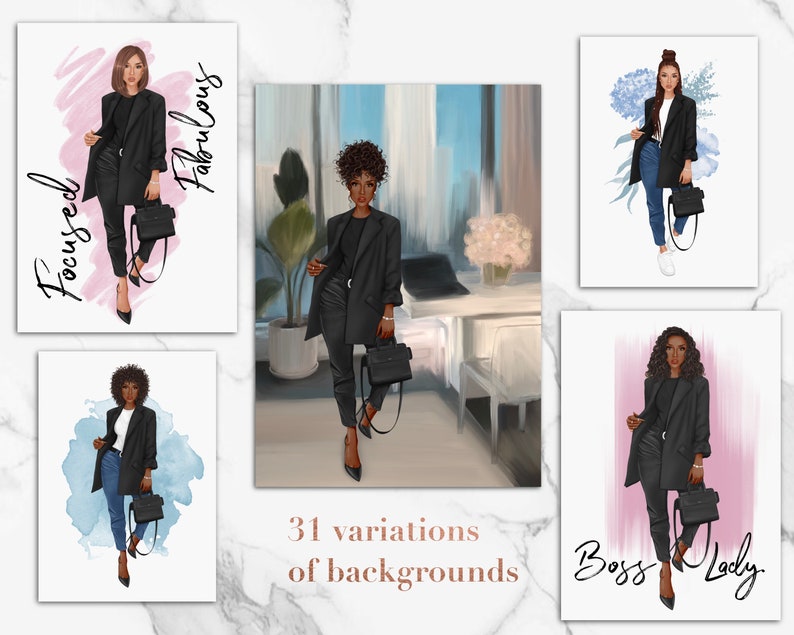 Puede incluir: Cuatro ilustraciones digitales de una mujer con un blazer negro, jeans azules y tacones negros. Cada ilustraci&oacute;n tiene un fondo diferente, incluyendo un fondo de acuarela rosa, un fondo de acuarela azul, un fondo floral y un fondo de interior de habitaci&oacute;n. El texto "Focused Fabulous" est&aacute; en la ilustraci&oacute;n superior izquierda, y el texto "Boss Lady" est&aacute; en la ilustraci&oacute;n inferior derecha.