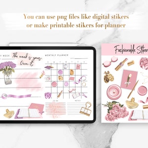 Peut inclure: Un planificateur num&eacute;rique avec un calendrier mensuel et un planificateur hebdomadaire. Le planificateur hebdomadaire affiche le texte "The week is yours. Own it." Le planificateur mensuel a une grille avec des cases pour chaque jour du mois. Il y a plusieurs autocollants sur le planificateur, notamment un bouquet de roses roses, une tasse de th&eacute;, une bo&icirc;te cadeau, un ruban, un carnet et une paire de lunettes. Les autocollants sont dans une palette de couleurs rose et or.