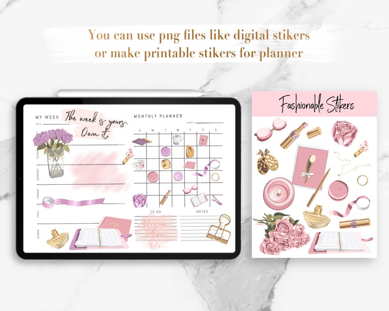 Peut inclure: Un planificateur num&eacute;rique avec un calendrier mensuel et un planificateur hebdomadaire. Le planificateur hebdomadaire affiche le texte "The week is yours. Own it." Le planificateur mensuel a une grille avec des cases pour chaque jour du mois. Il y a plusieurs autocollants sur le planificateur, notamment un bouquet de roses roses, une tasse de th&eacute;, une bo&icirc;te cadeau, un ruban, un carnet et une paire de lunettes. Les autocollants sont dans une palette de couleurs rose et or.