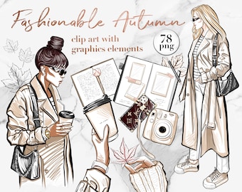 May include: Clip art with 78 graphics elements featuring two women in autumnal outfits, one holding a book and a coffee cup, the other holding a camera and a bag. The image also includes fall leaves, a notebook, and a coffee cup.