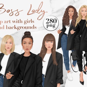 Puede incluir: Ilustraci&oacute;n de clip art de tres mujeres con blazers negros y camisas blancas. Las mujeres est&aacute;n de pie sobre un fondo de m&aacute;rmol. El texto "Boss Lady" y "clip art with girls and backgrounds" se muestra en la parte superior de la imagen. El texto "280 png" se muestra en un c&iacute;rculo en la parte superior derecha de la imagen.
