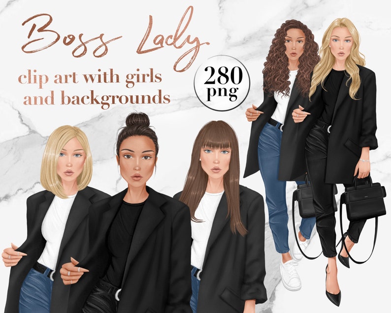 Puede incluir: Ilustraci&oacute;n de clip art de tres mujeres con blazers negros y camisas blancas. Las mujeres est&aacute;n de pie sobre un fondo de m&aacute;rmol. El texto "Boss Lady" y "clip art with girls and backgrounds" se muestra en la parte superior de la imagen. El texto "280 png" se muestra en un c&iacute;rculo en la parte superior derecha de la imagen.