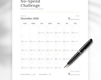 Dezember No-Spend Challenge Kalender, Monatliche Ersparnisse Tracker (PDF)