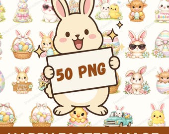 Ostern PNG Bundle, 50 Aquarell Hase Clipart, Spring Highland Kuh Sublimation, digitale Feiertagsgrafiken