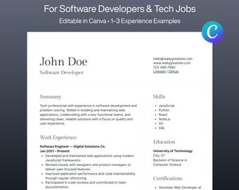ATS-freundliche Lebenslaufvorlage | Software-Entwickler, Techniker (Canva Bearbeitbar, Digitaler Download)