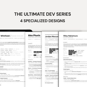Op de afbeelding: Een digitale tablet toont vier cv-sjablonen. De tekst bovenaan luidt "THE ULTIMATE DEV SERIES" en "4 SPECIALIZED DESIGNS". De cv's zijn voor Backend Developer, Frontend Developer, Full Stack Developer en DevOps Engineer. De tekst onderaan luidt "8 FILES TOTAL (A4 + US LETTER)."