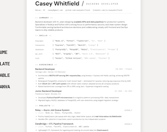 Lebenslauf Vorlage für Backend-Entwickler, Lebenslauf für Software-Ingenieur Canva, professionelles Coding-Anschreiben